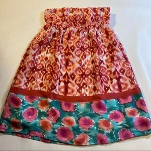 AUW Size M Pink Red Blue Abstract Floral Watercolor Strapless Lined Sun Dress